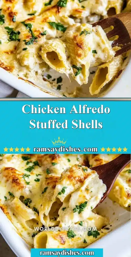 Delicious Chicken Alfredo Stuffed Shells garnished with parsley in a creamy sauce