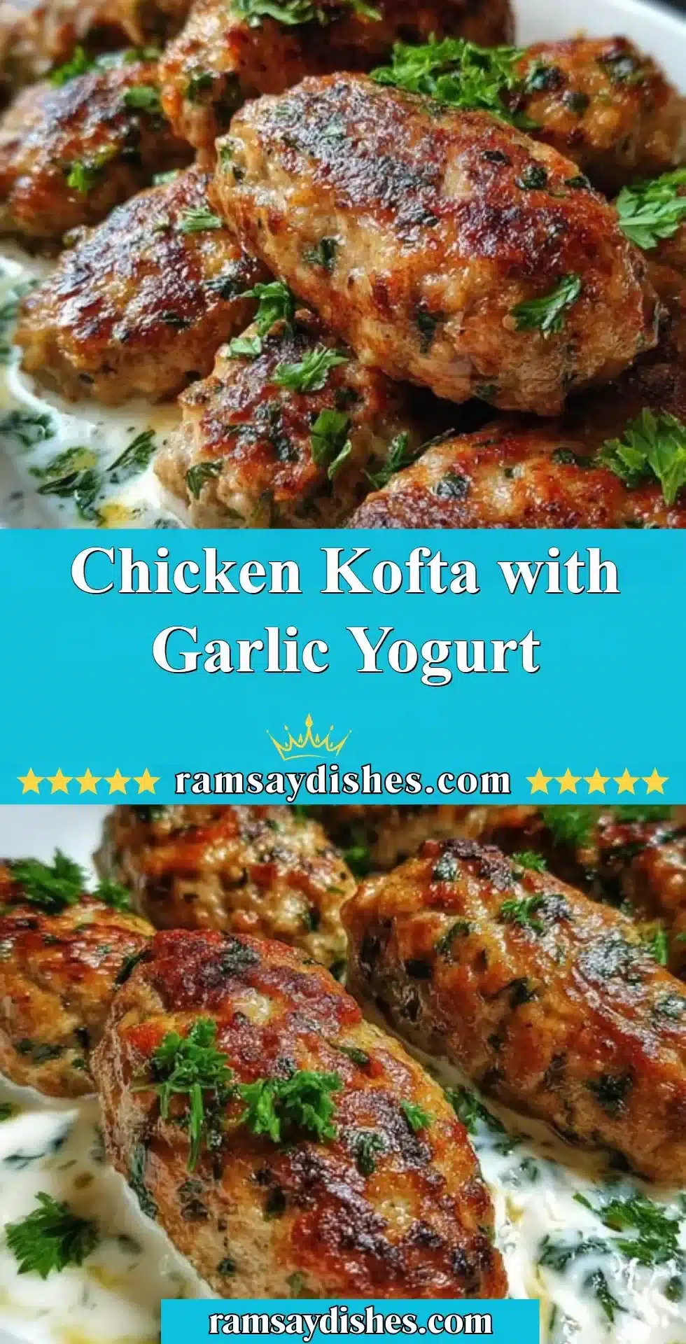 Chicken Kofta with Garlic Yogurt 2 Delicious Chicken Kofta served with creamy garlic yogurt sauce
