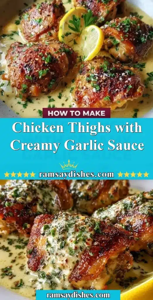 Succulent chicken thighs in creamy garlic sauce served on a plate.