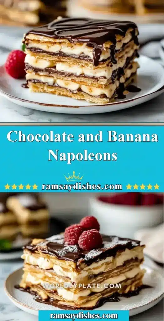 Chocolate Banana Napoleons dessert with layers of pastry, chocolate, and banana.
