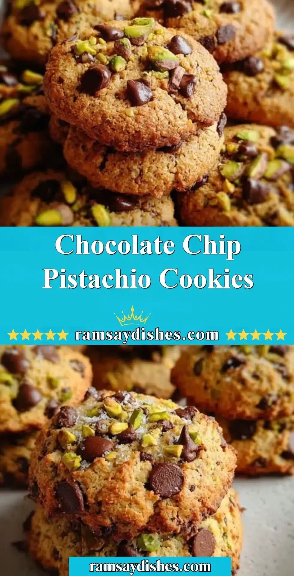 Chocolate Chip Pistachio Cookies 2 Freshly baked chocolate chip pistachio cookies on a cooling rack