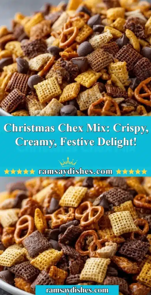 Bowl of festive Christmas Chex Mix with colorful treats and textures.