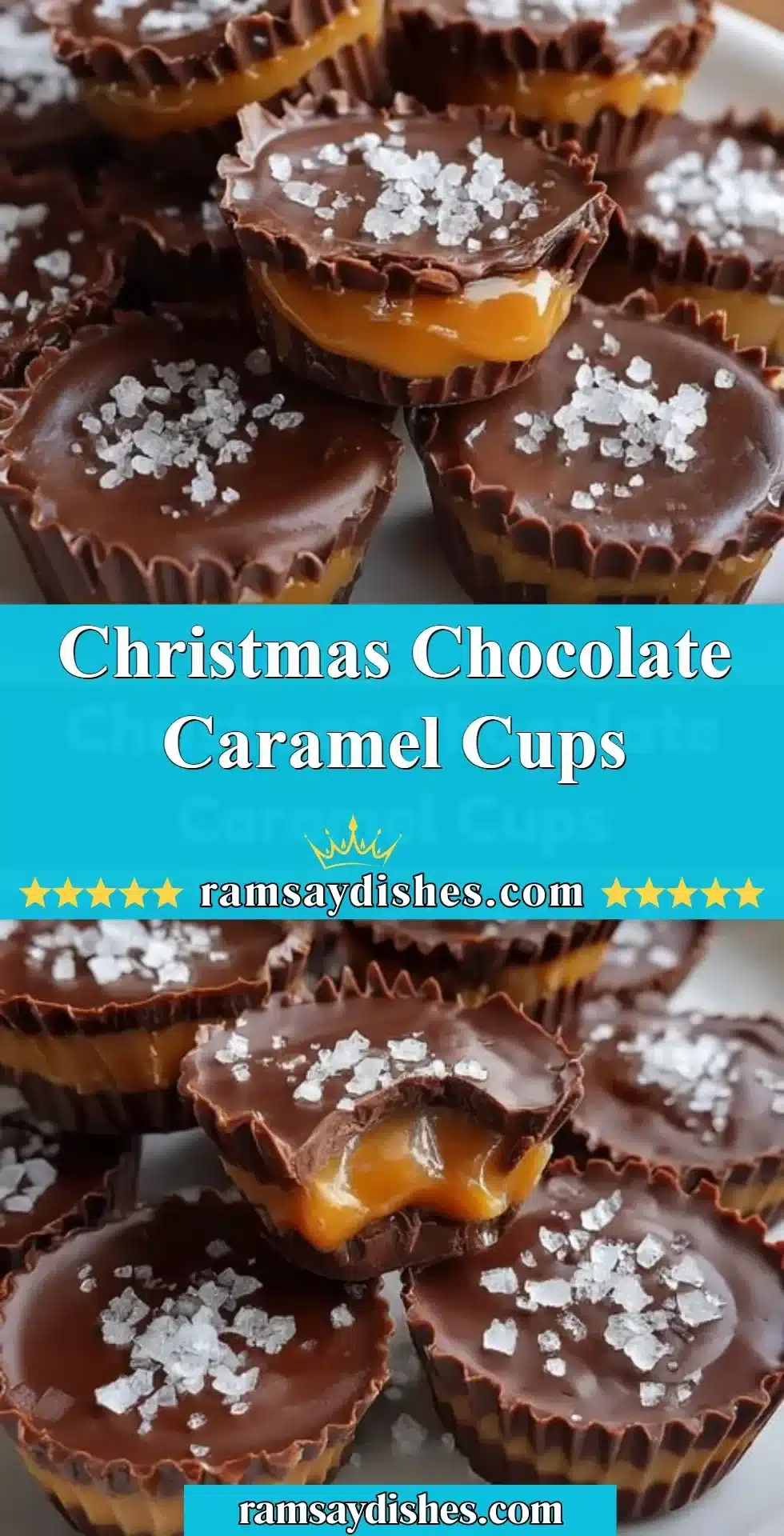 Delicious Christmas Chocolate Caramel Cups topped with festive decor