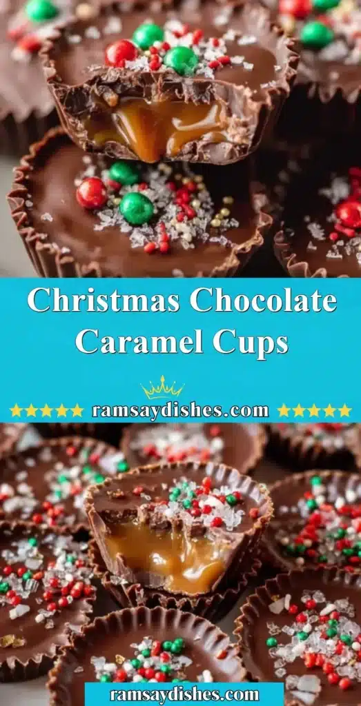 Delicious Christmas chocolate caramel cups topped with holiday decorations