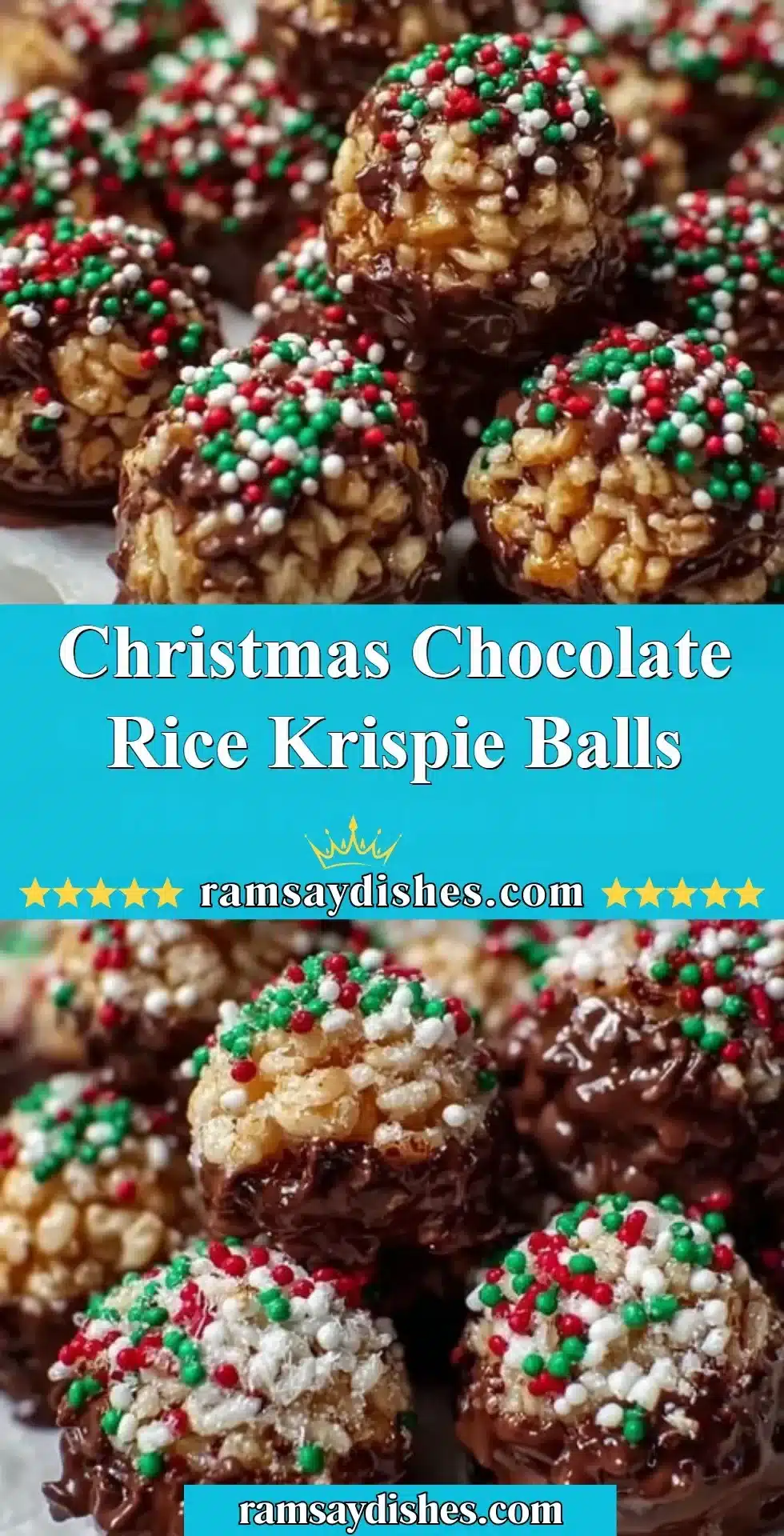 Delicious Christmas Chocolate Rice Krispie Balls decorated for the holidays