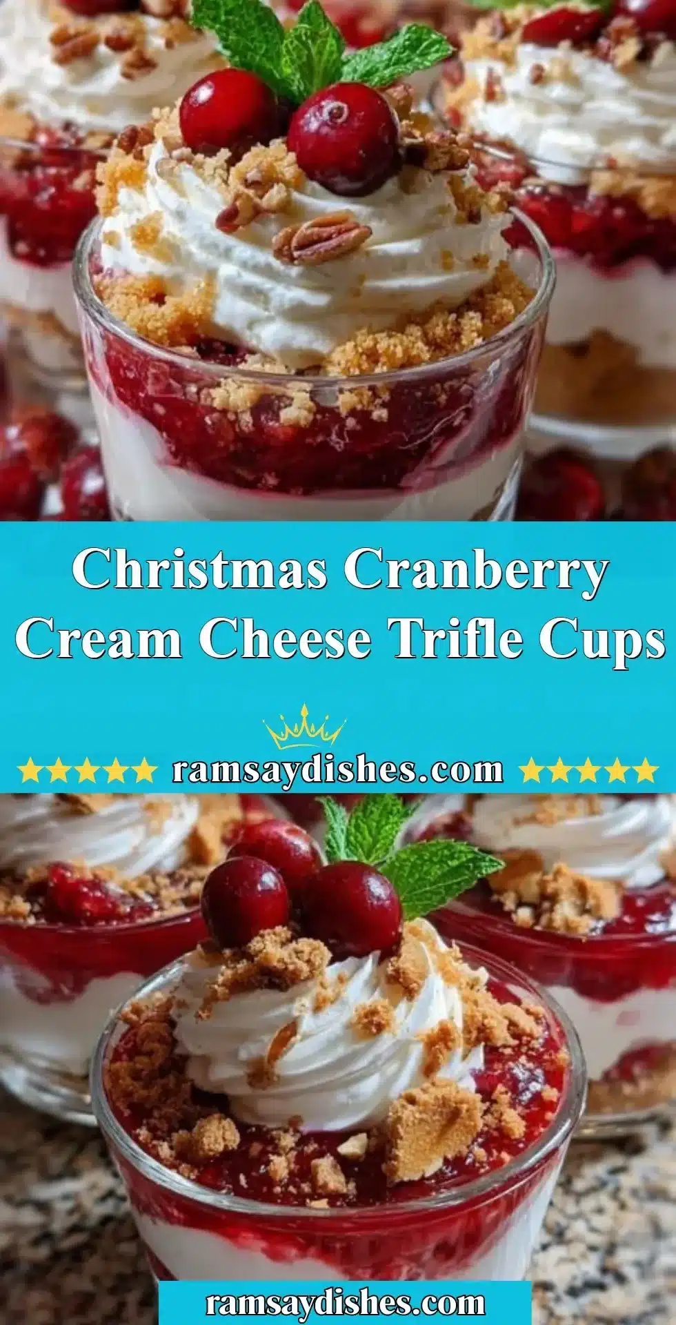 Christmas Cranberry Cream Cheese Trifle Cups with festive layers of cheese and cranberry