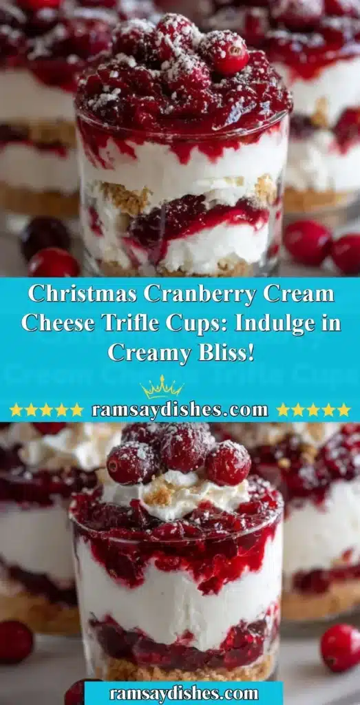 Christmas Cranberry Cream Cheese Trifle Cups dessert topped with cranberries and cream.