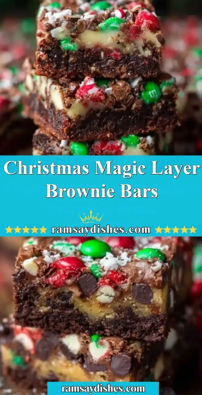 Christmas Magic Layer Brownie Bars topped with festive decorations