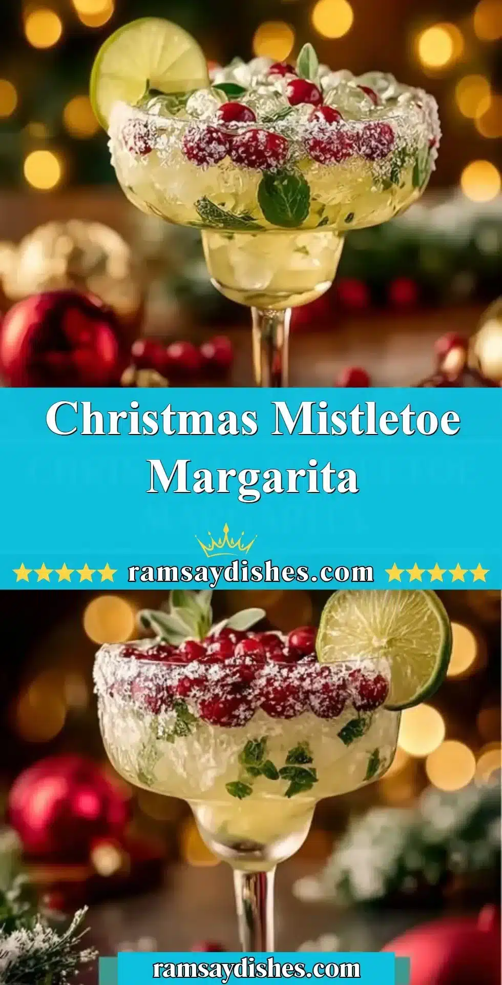 A festive mistletoe margarita cocktail garnished with holiday decorations.