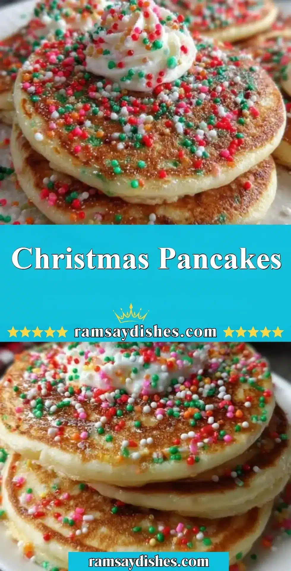 Stack of Christmas pancakes topped with berries and syrup for a festive breakfast