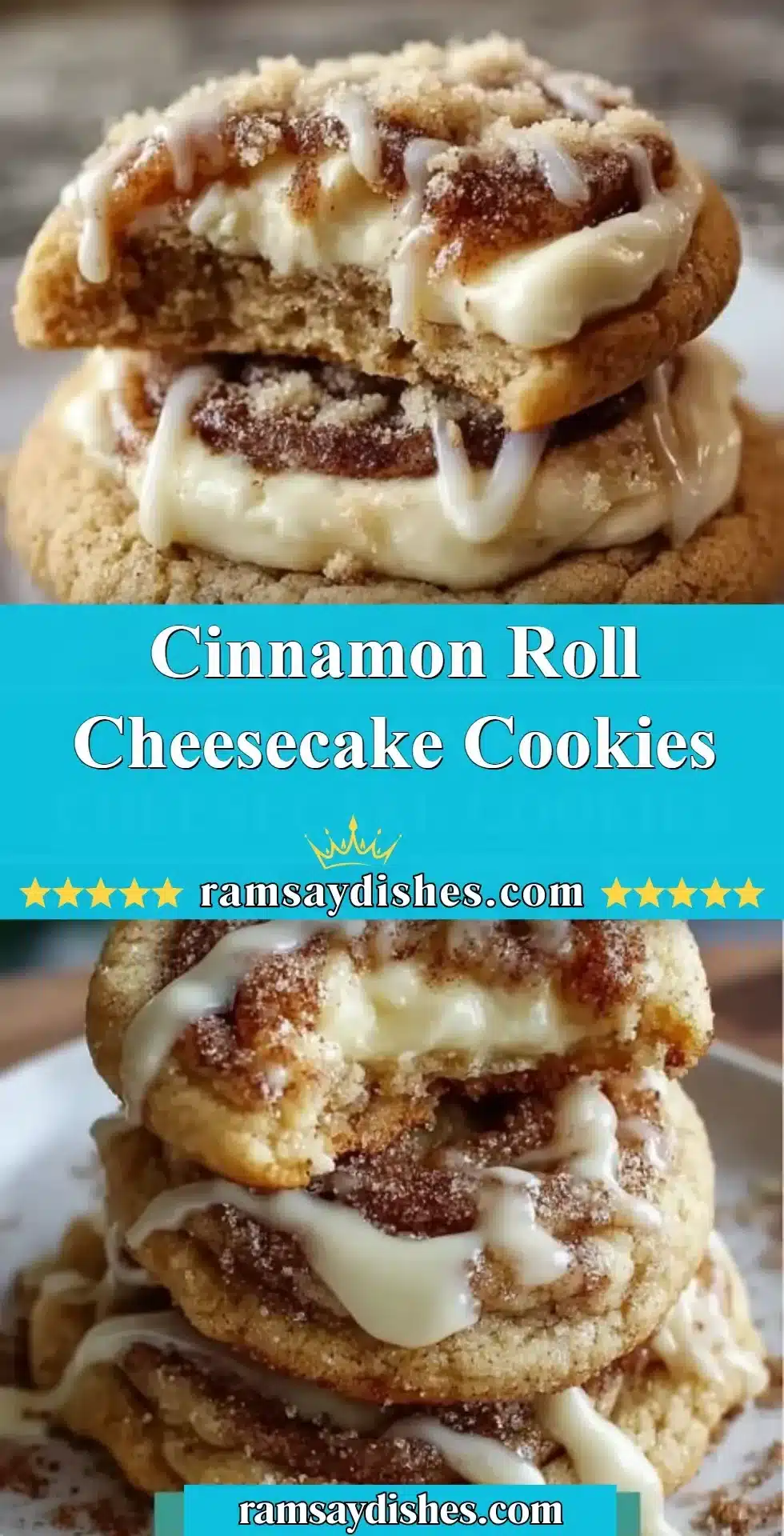 Cinnamon Roll Cheesecake Cookies topped with creamy frosting and cinnamon swirls