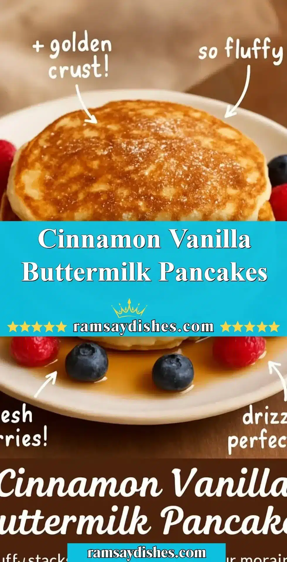 Fluffy cinnamon vanilla buttermilk pancakes stacked on a plate