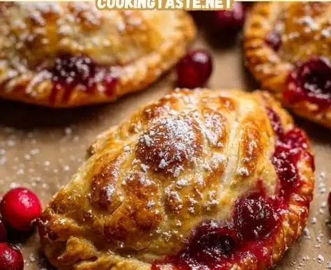Cranberry Hand Pies 5 Freshly baked cranberry hand pies on a rustic wooden table