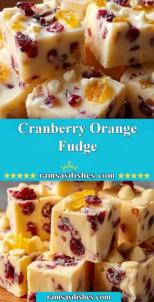 Delicious cranberry orange fudge topped with cranberries and orange zest.