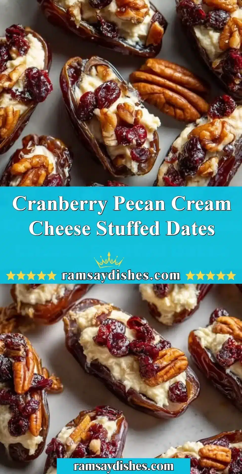 Cranberry Pecan Cream Cheese Stuffed Dates 2 Cranberry pecan cream cheese stuffed dates on a platter garnished with mint.