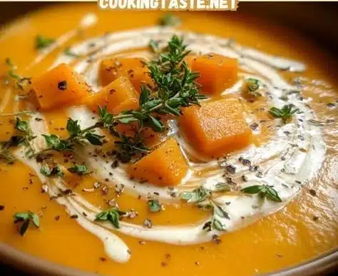 Bowl of creamy butternut squash soup garnished with herbs