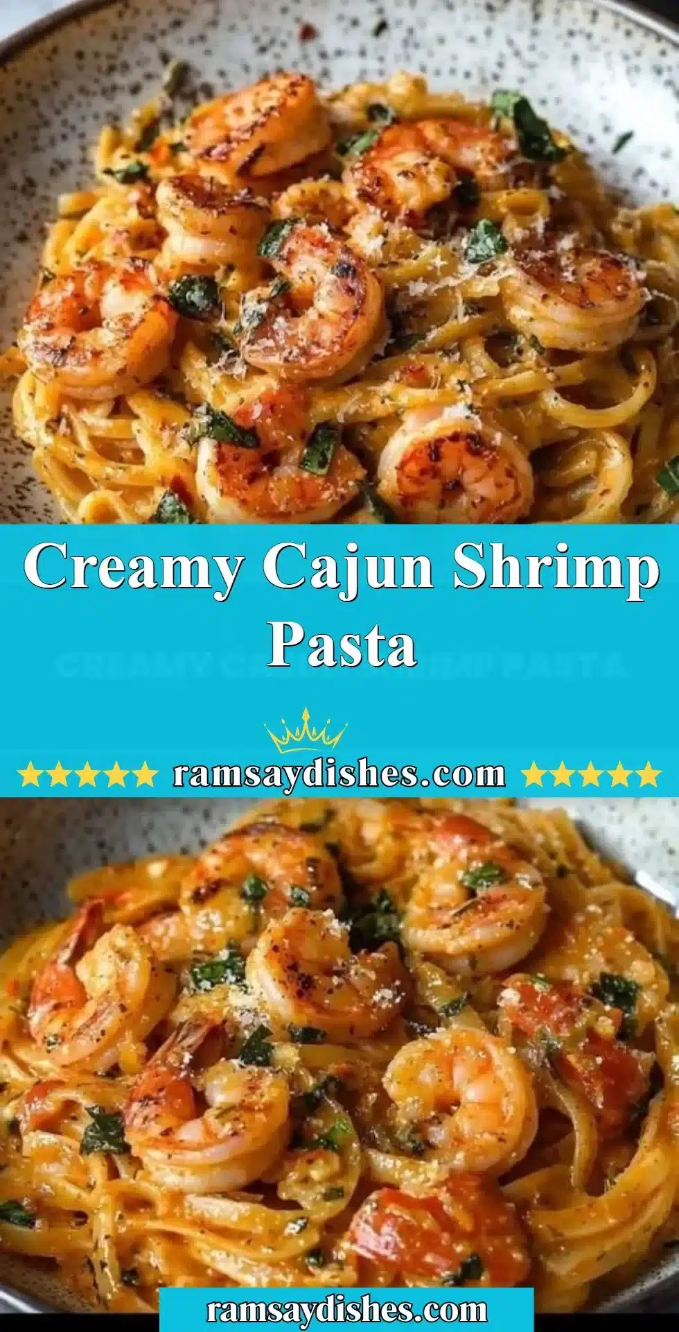 Creamy Cajun shrimp pasta topped with fresh herbs and spices in a bowl