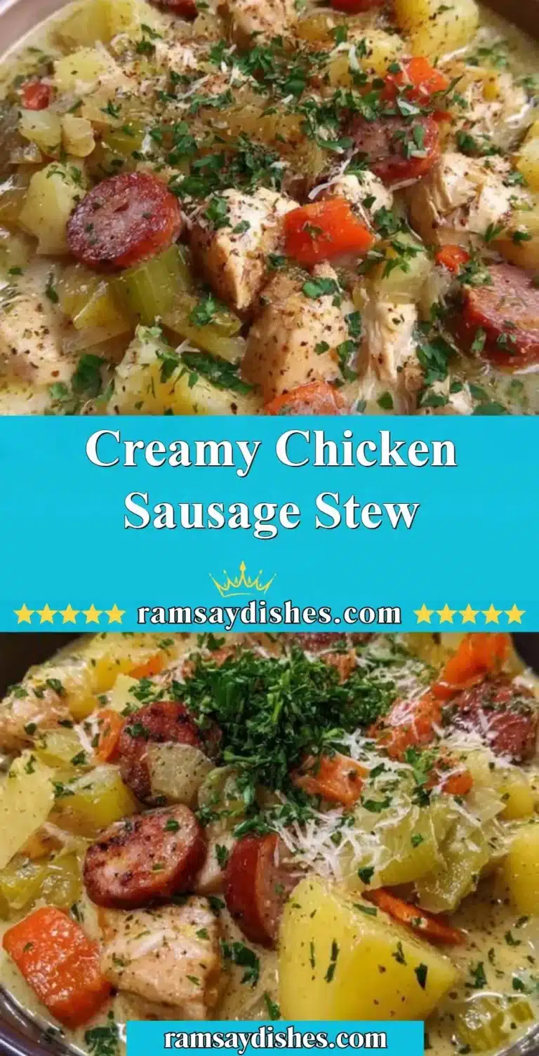 Delicious creamy chicken sausage stew served in a bowl with fresh herbs