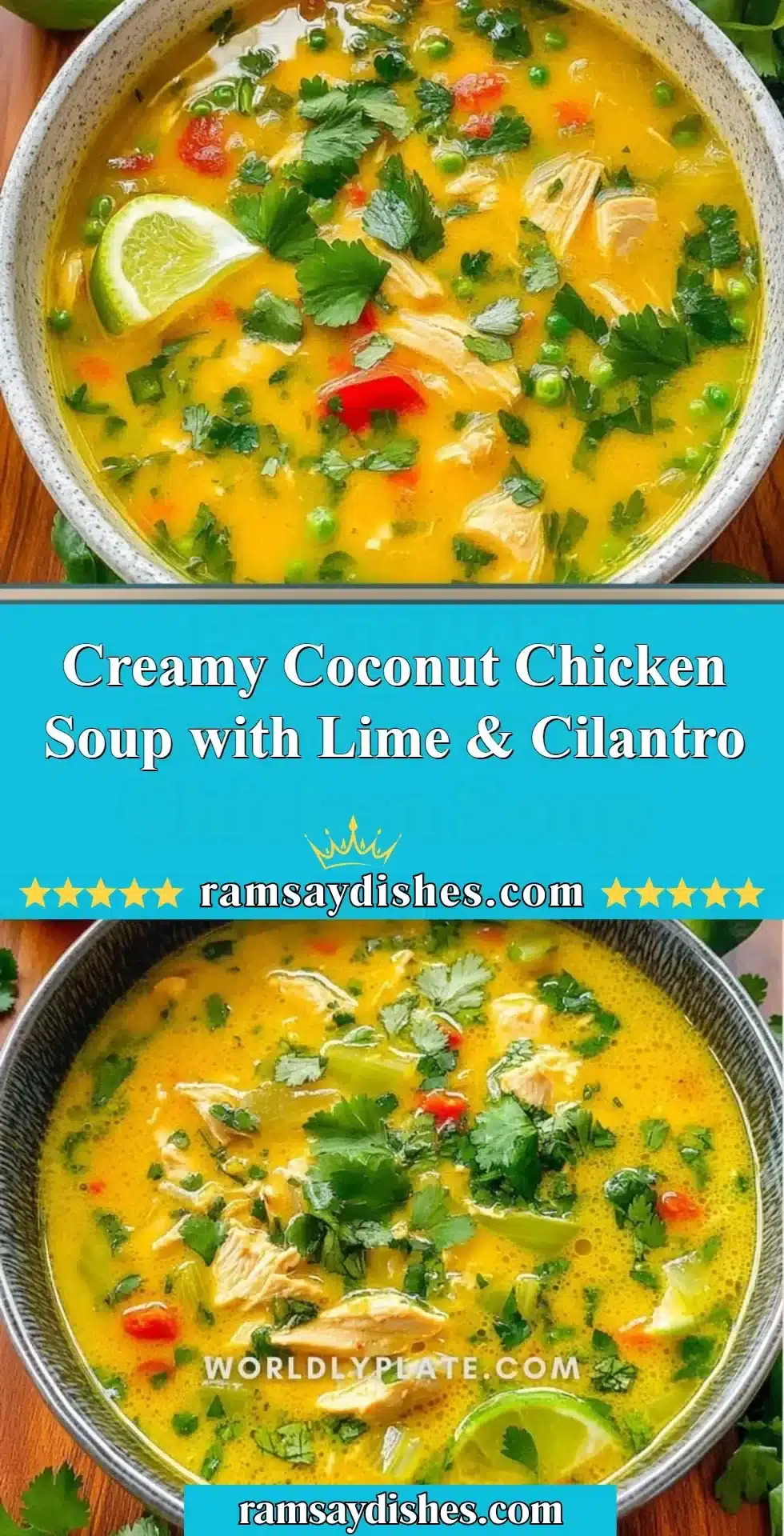 Bowl of creamy coconut chicken soup with lime and cilantro garnish