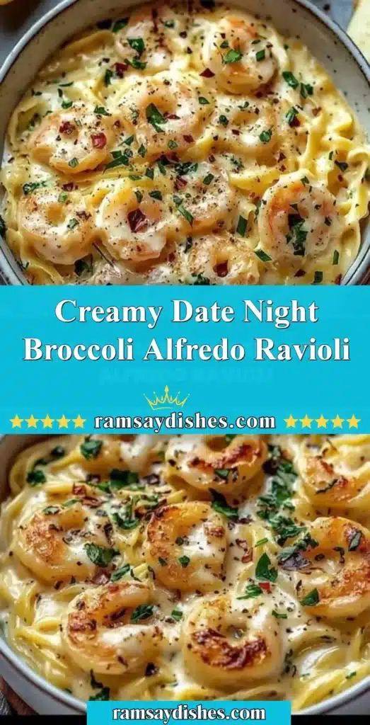 Plate of creamy broccoli alfredo ravioli garnished with fresh herbs