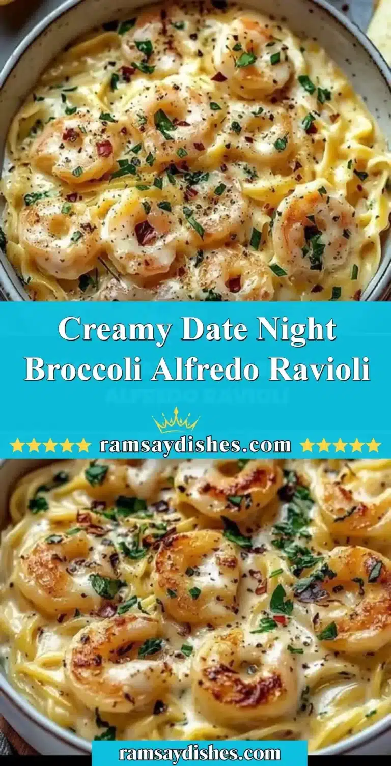Plate of creamy broccoli alfredo ravioli garnished with fresh herbs