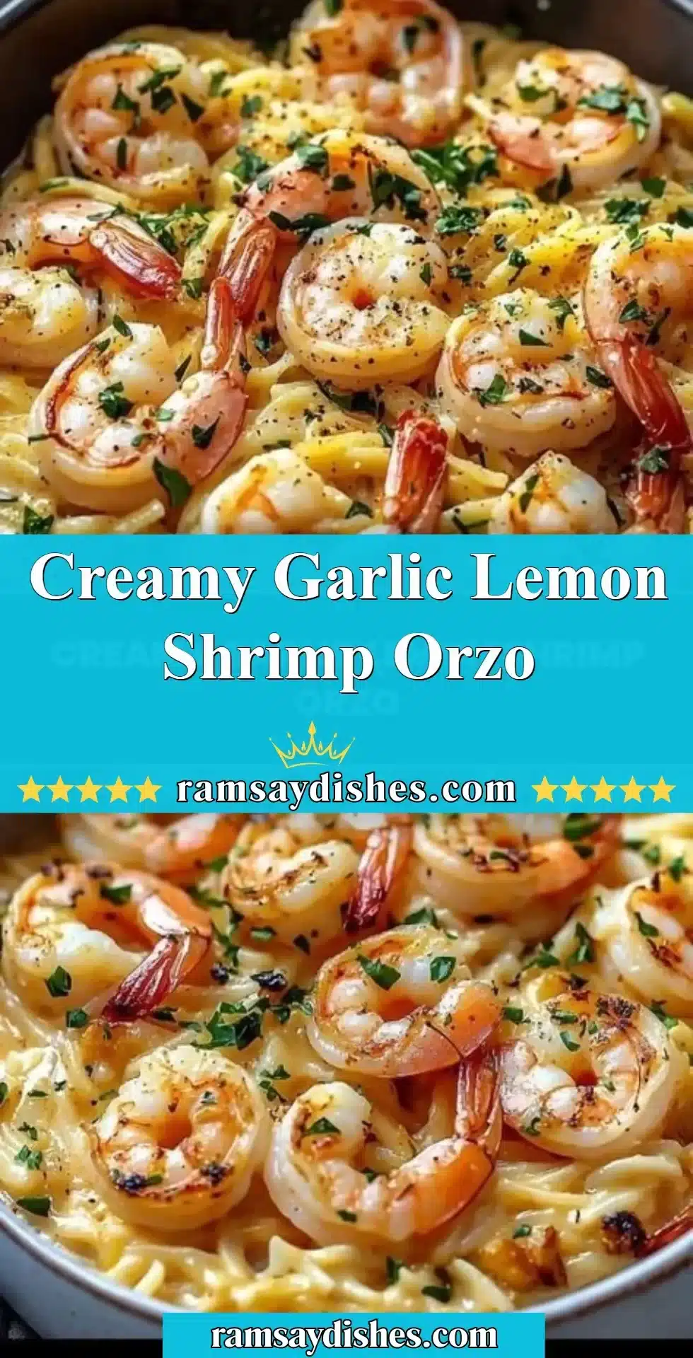Creamy Garlic Lemon Shrimp Orzo served in a bowl with fresh herbs garnish