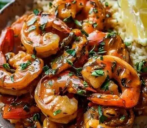 Creamy garlic-paprika shrimp skillet garnished with fresh herbs and served warm.