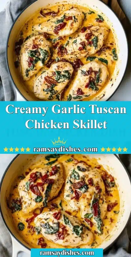 Creamy Garlic Tuscan Chicken Skillet served in a cast iron pan