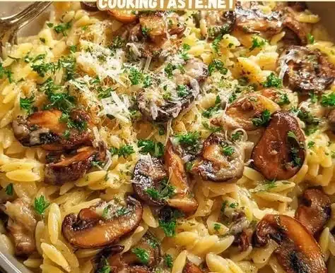 Creamy mushroom orzo skillet featuring sautéed mushrooms and creamy sauce