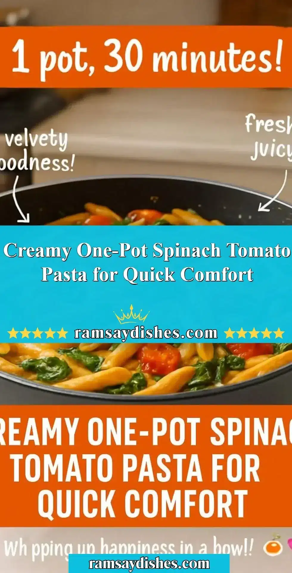 Creamy One-Pot Spinach Tomato Pasta for Quick Comfort 2 Creamy one-pot spinach tomato pasta served in a bowl with fresh herbs on top