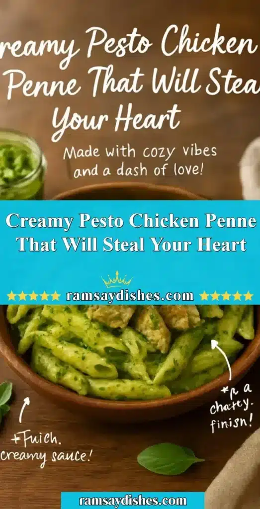 Delicious creamy pesto chicken penne served in a bowl
