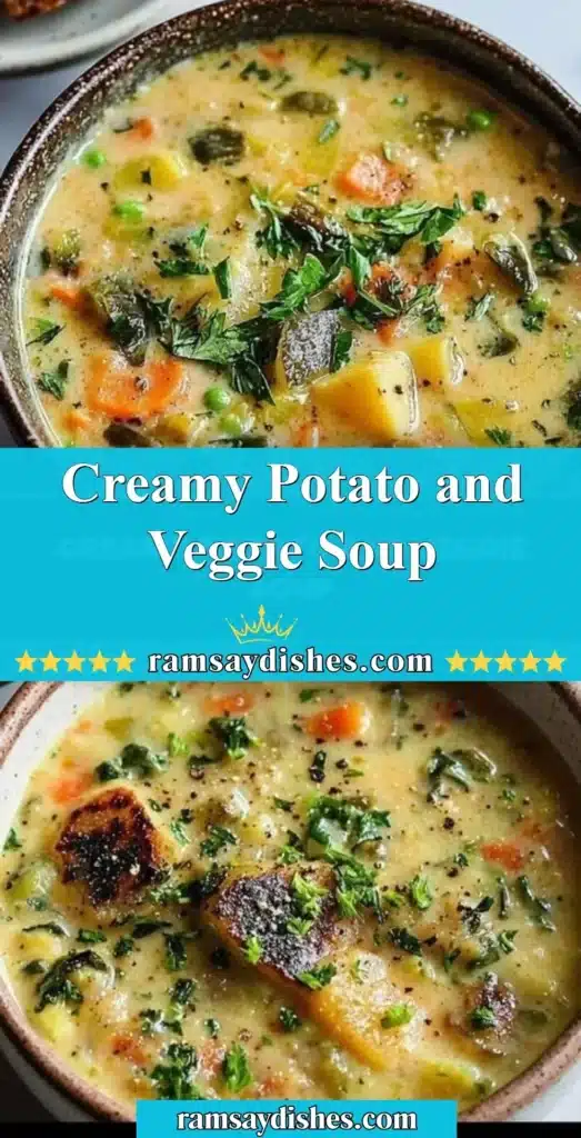 A bowl of creamy potato and veggie soup garnished with herbs.