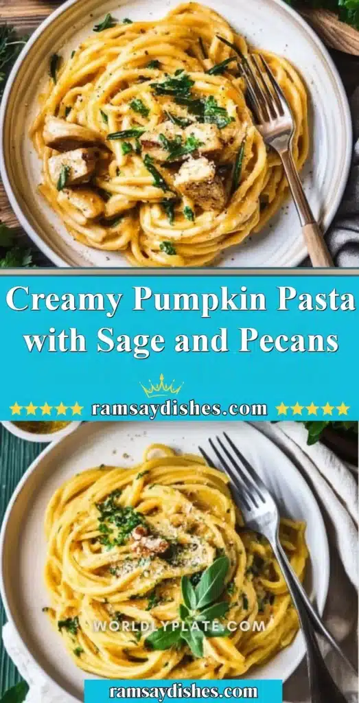 Creamy pumpkin pasta dish garnished with sage and pecans.