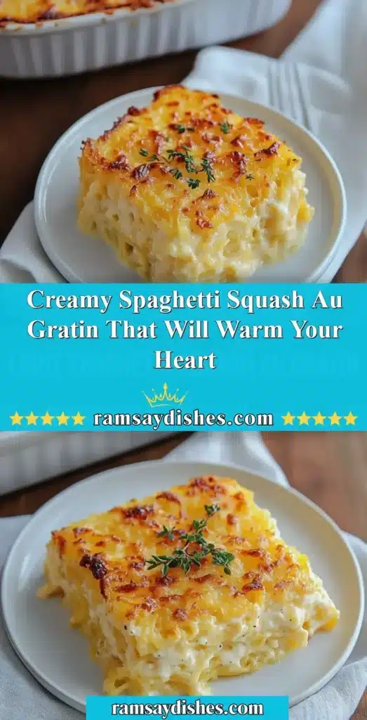 Creamy spaghetti squash au gratin served in a dish, topped with cheese and herbs.