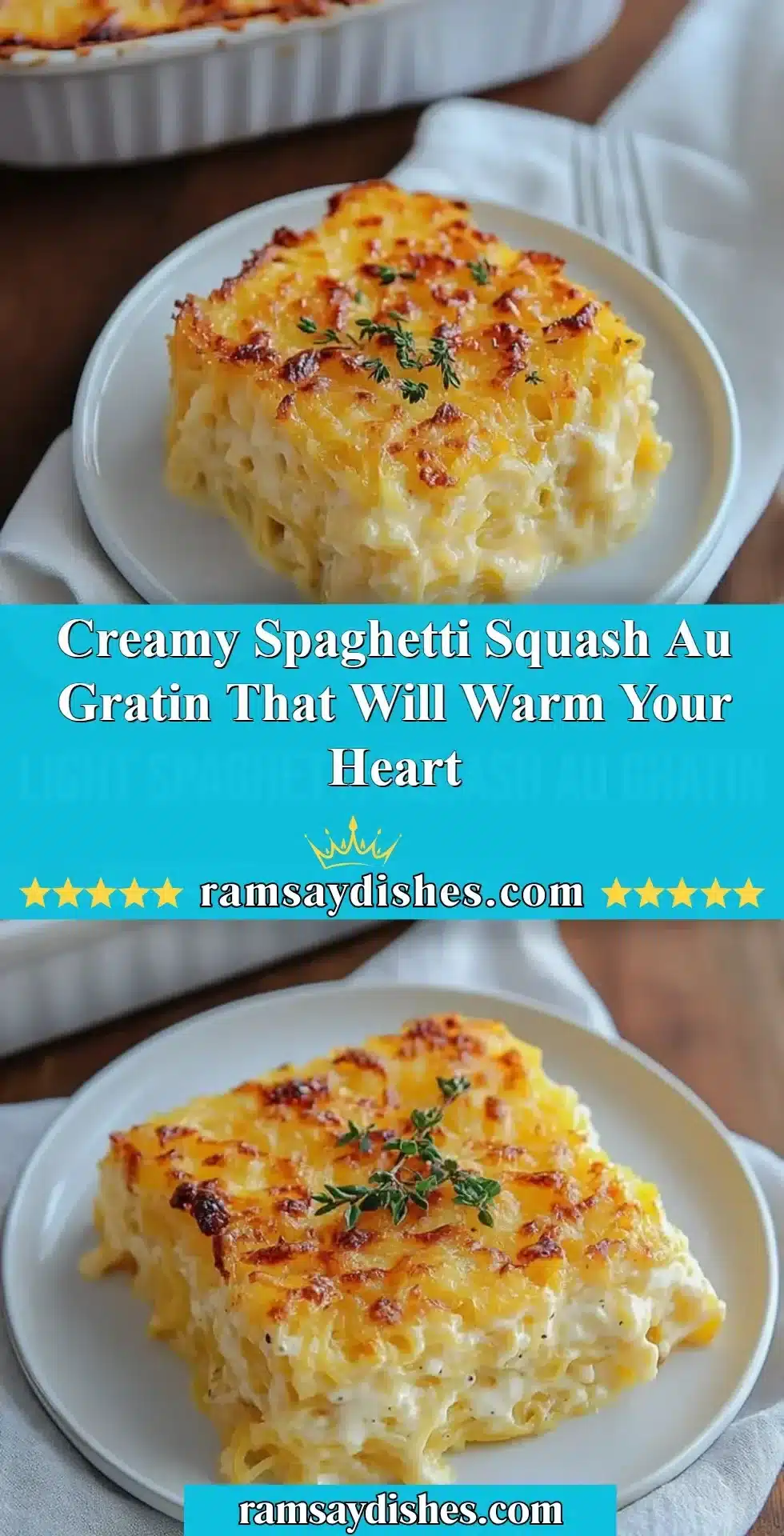 Creamy spaghetti squash au gratin served in a dish, topped with cheese and herbs.