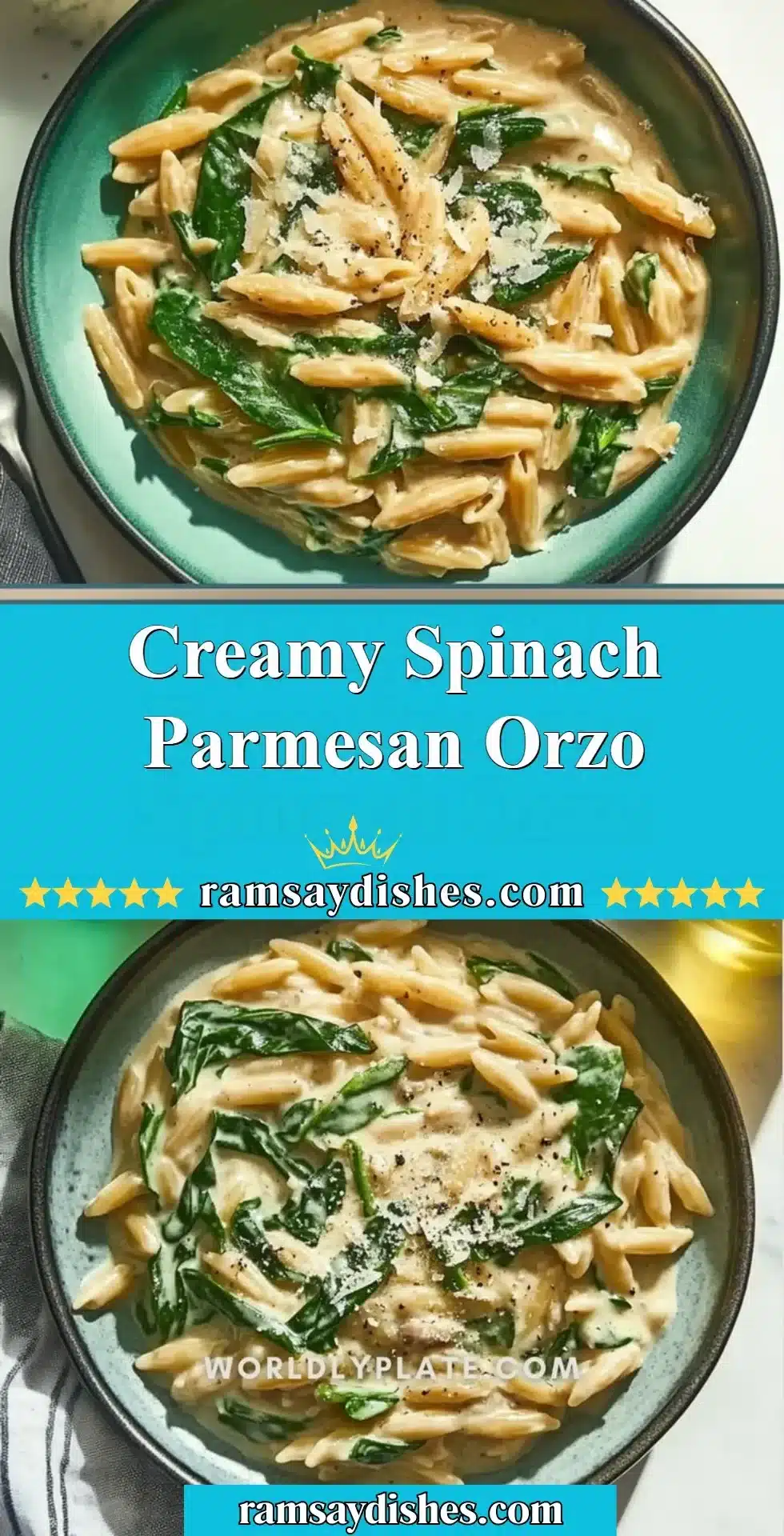 Bowl of creamy spinach parmesan orzo topped with fresh spinach and parmesan cheese