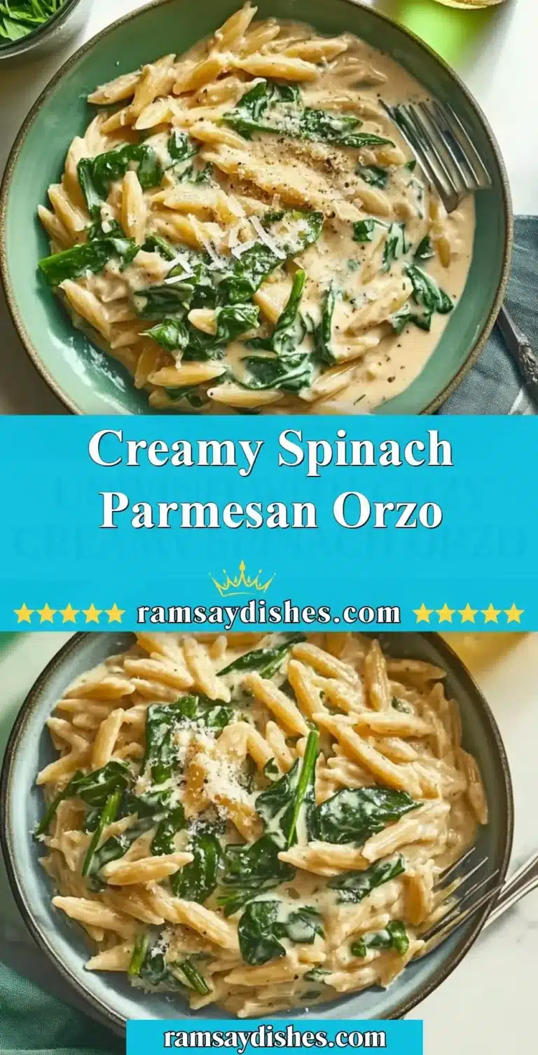 Creamy Spinach Parmesan Orzo 4 A bowl of creamy spinach parmesan orzo with fresh spinach and cheese topping