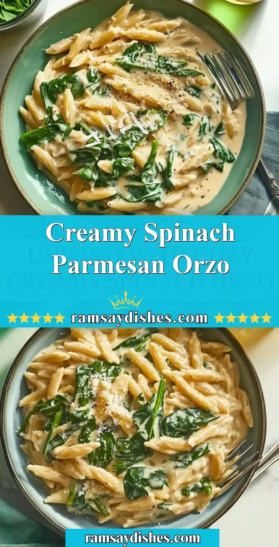 A bowl of creamy spinach parmesan orzo with fresh spinach and cheese topping
