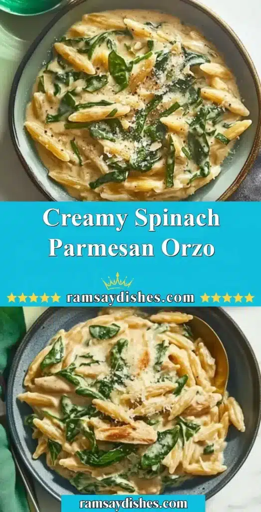 Creamy Spinach Parmesan Orzo dish garnished with fresh spinach and cheese