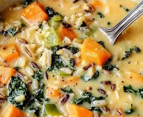 Creamy sweet potato, kale, and wild rice soup in a bowl with toppings