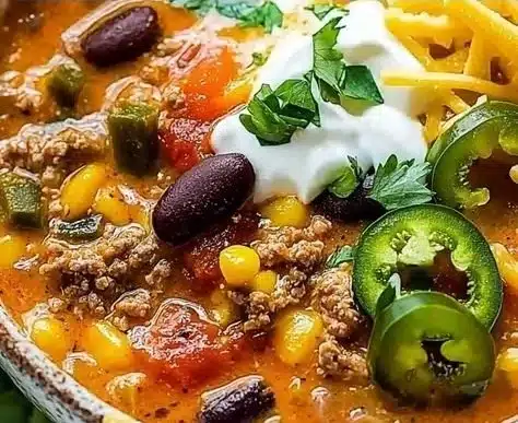 Bowl of creamy taco soup topped with cheese and cilantro