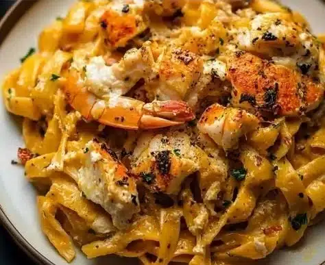 Creamy Tuscan lobster pasta served in a elegant bowl with basil garnish.