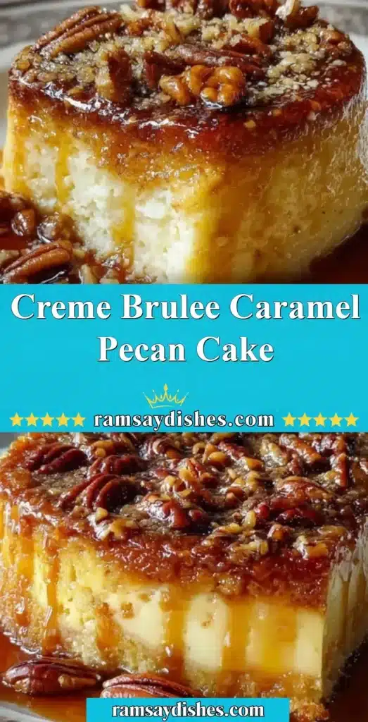Delicious Creme Brulee Caramel Pecan Cake topped with caramelized sugar and pecans.