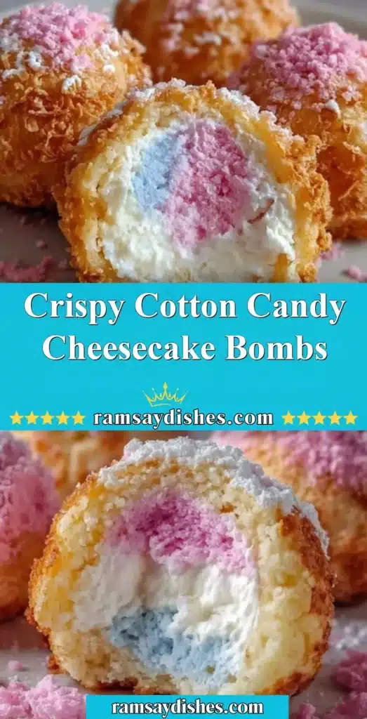 Crispy Cotton Candy Cheesecake Bombs dessert on a plate