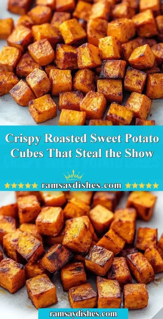 Crispy roasted sweet potato cubes on a serving plate