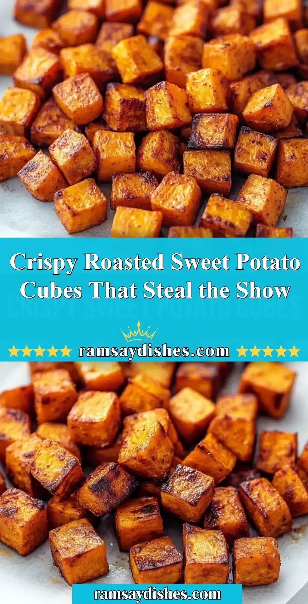 Crispy Roasted Sweet Potato Cubes That Steal the Show 2 Crispy roasted sweet potato cubes on a serving plate