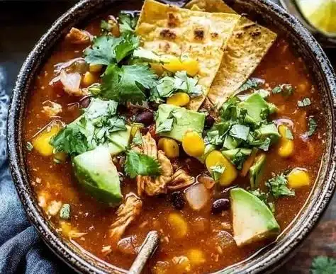 Crockpot Spicy Chicken Tortilla Soup 9 Bowl of Crockpot spicy chicken tortilla soup garnished with tortilla strips and cilantro.