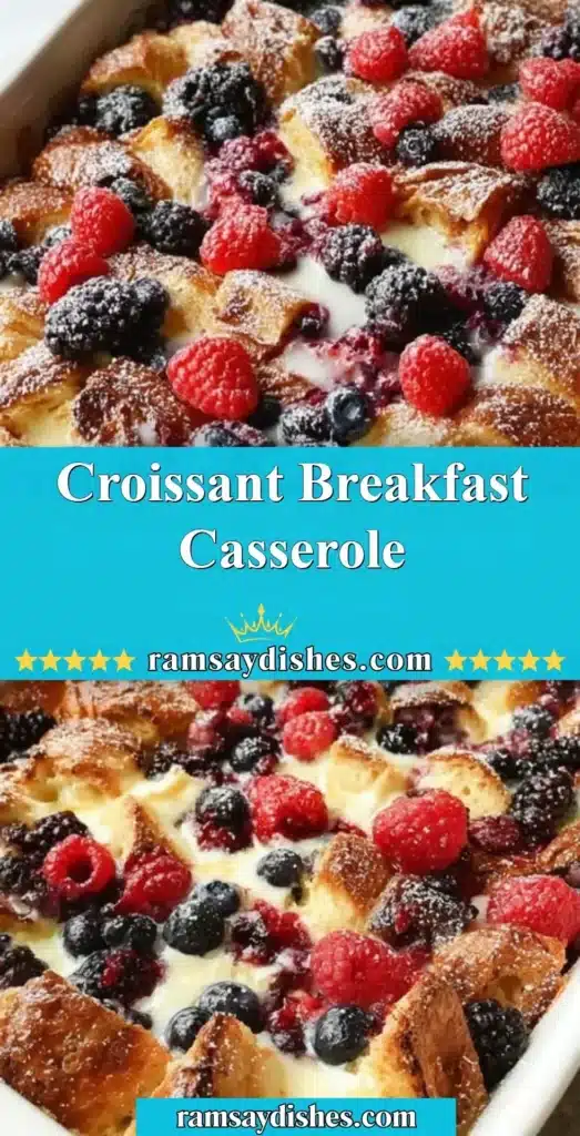 Delicious croissant breakfast casserole topped with melted cheese and herbs