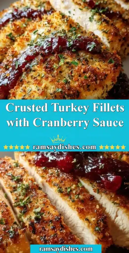 Crusted turkey fillets served with tangy cranberry sauce on a plate