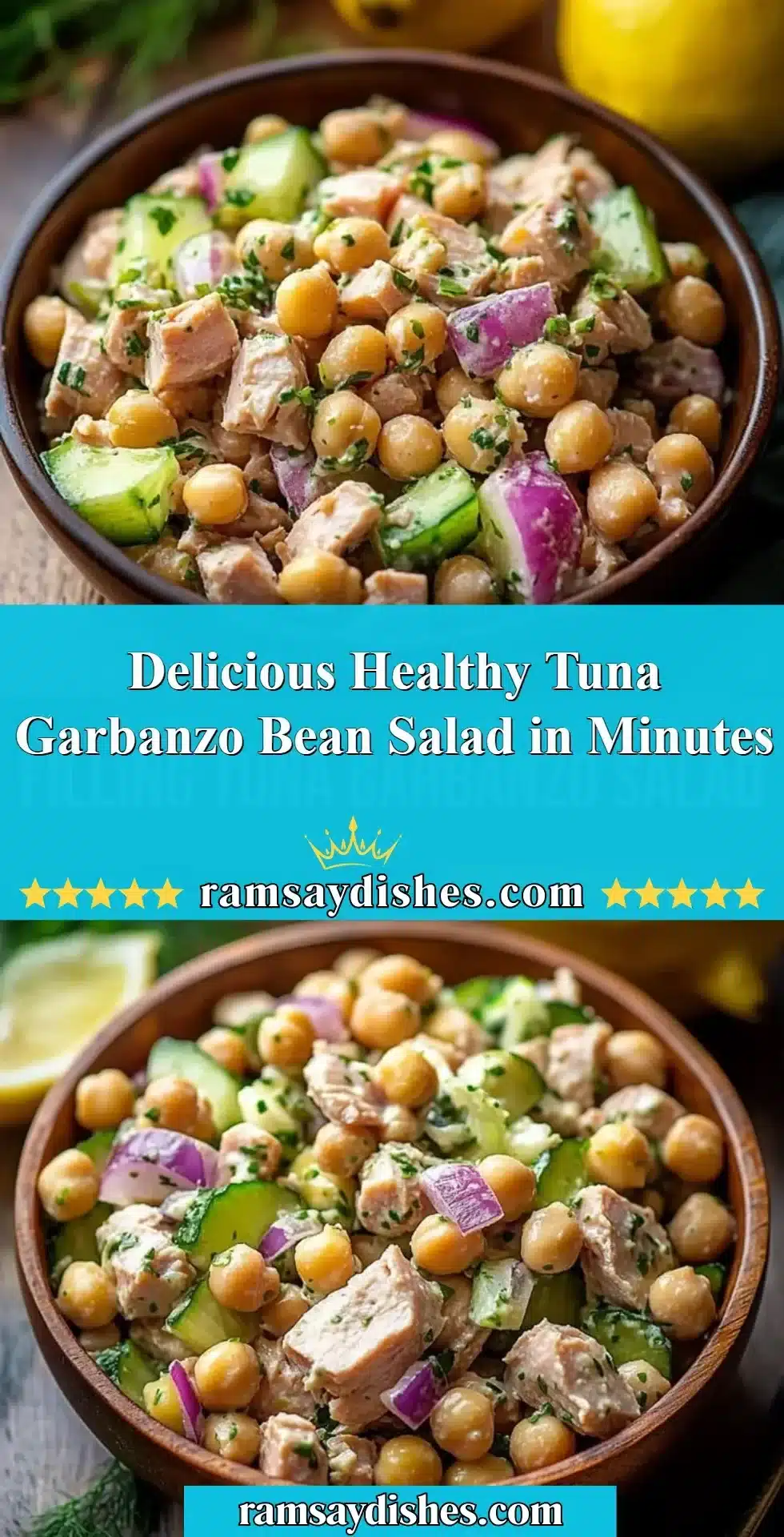 Healthy tuna garbanzo bean salad served in a bowl with fresh vegetables